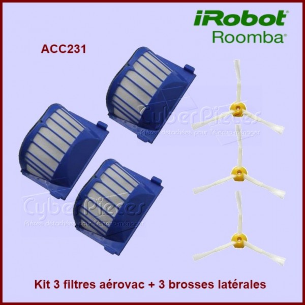 Kit de 3 filtres Aérovac + 3 brosses latérales pour Irobot ROOMBA 