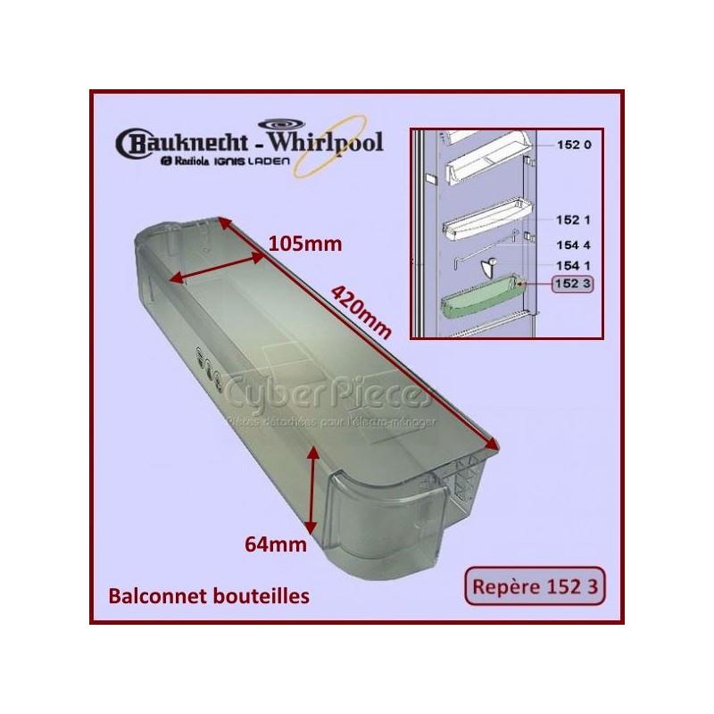 Balconnet bouteilles h=90mm l=474mm pour Refrigerateur Whirlpool, Livraison en 48h