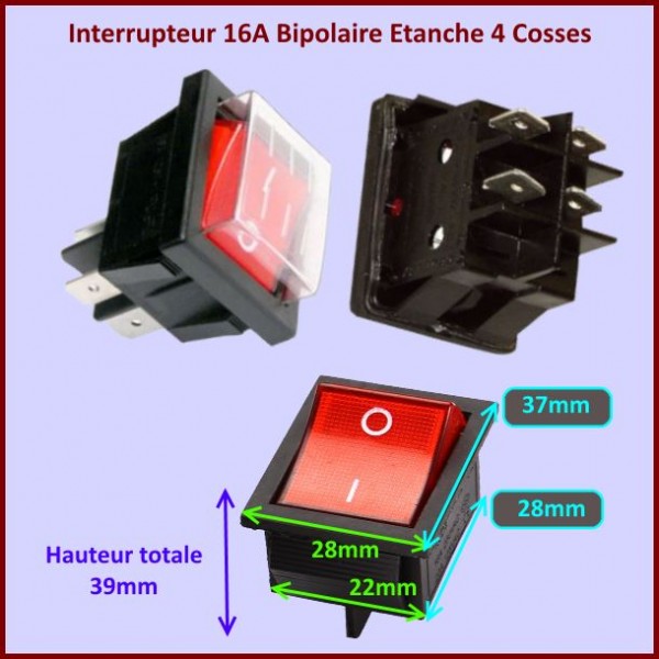 Interrupteur Rouge 16A Bipolaire Etanche 4 Cosses