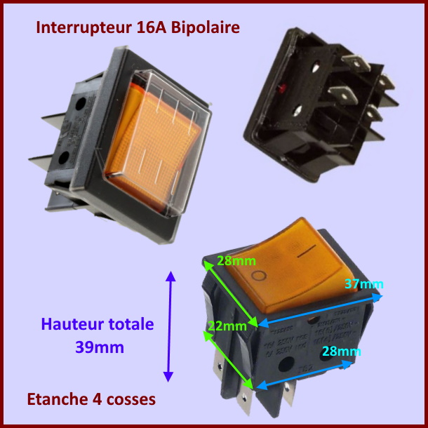 Interrupteur Orange 16A Bipolaire Etanche 4 Cosses