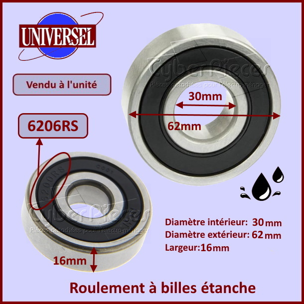 Roulement 6206RS - 30x62x16mm - étanche