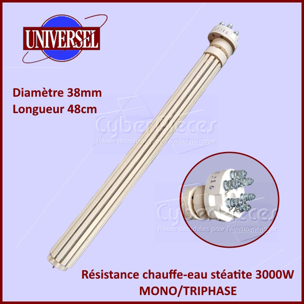 Résistance chauffe-eau stéatite 3000W MONO/TRIPHASE - Diam 38mm