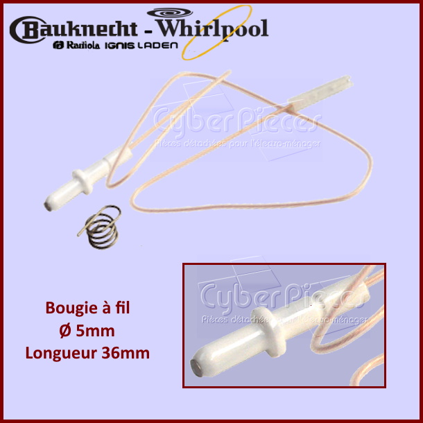 Bougie D.5mm L.36mm à fils Whirlpool 481931023661