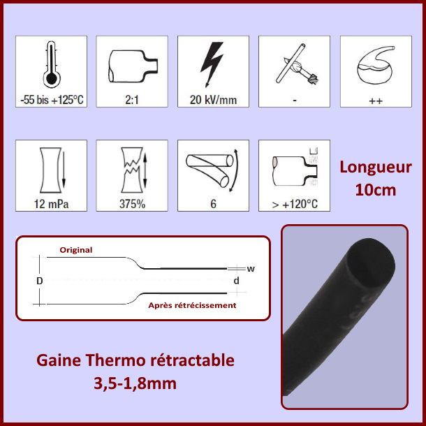 Gaine Thermo rétractable 3,5-1,8mm - Longueur 10cm