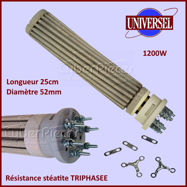 Résistance chauffe-eau stéatite 1200W MONO/TRIPHASE - Diam 52mm