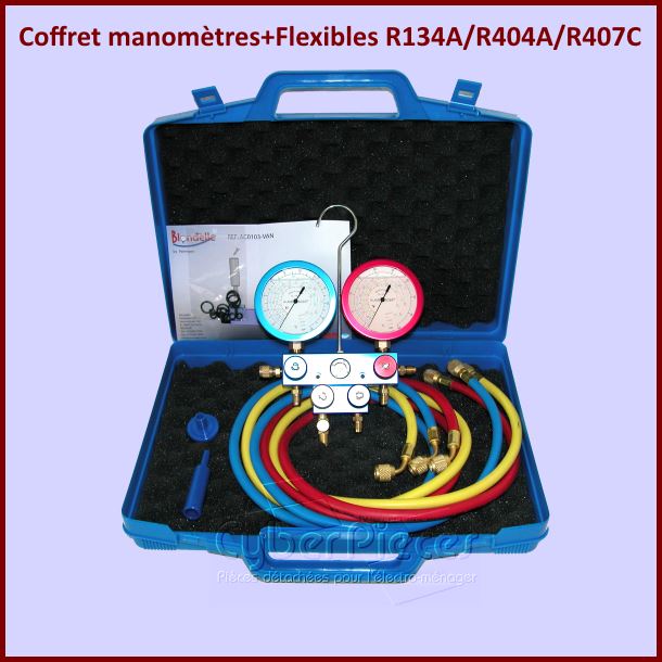 Coffret manomètres+Flexibles gaz R134A/R404A/R407C