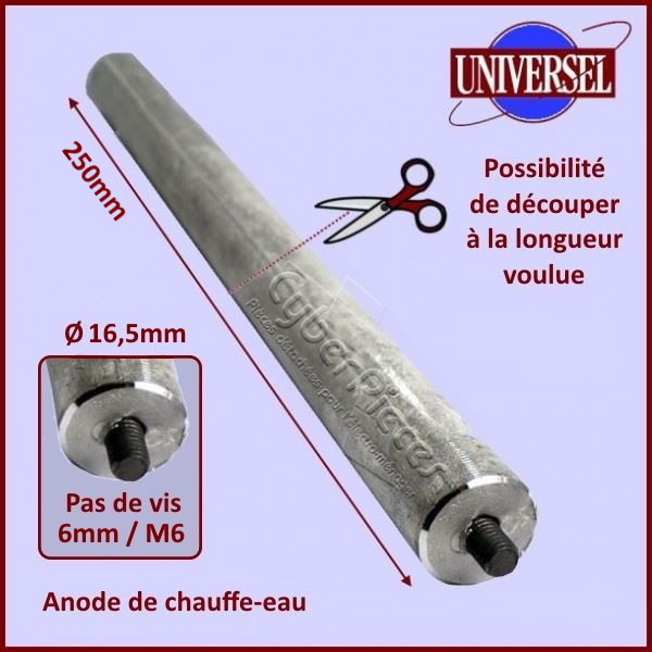 Anode de chauffe-eau 250mm - Diamètre 16,5mm - M6