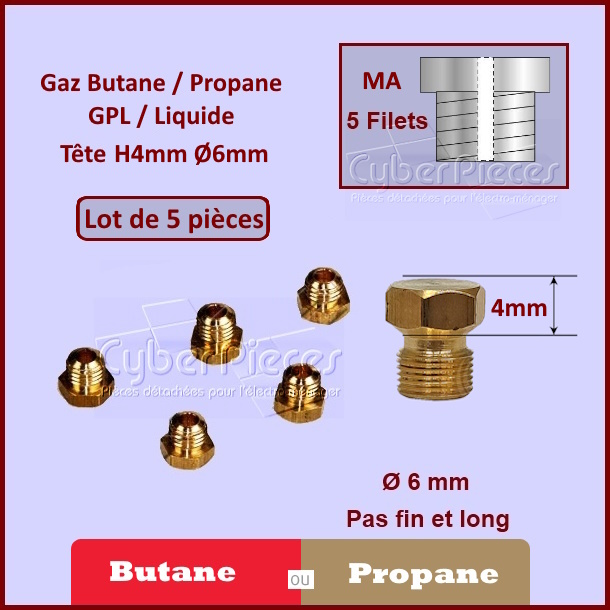 Injecteurs standard H4mm gaz butane Ø6mm MA