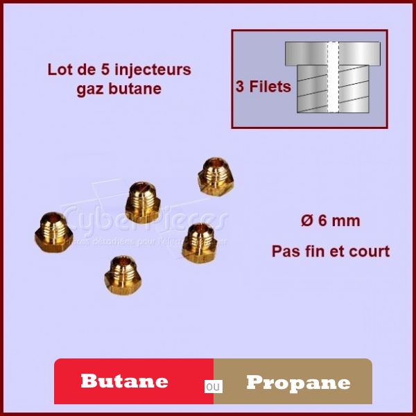 Injecteurs standard gaz Butane 6mm avec pas fin et court