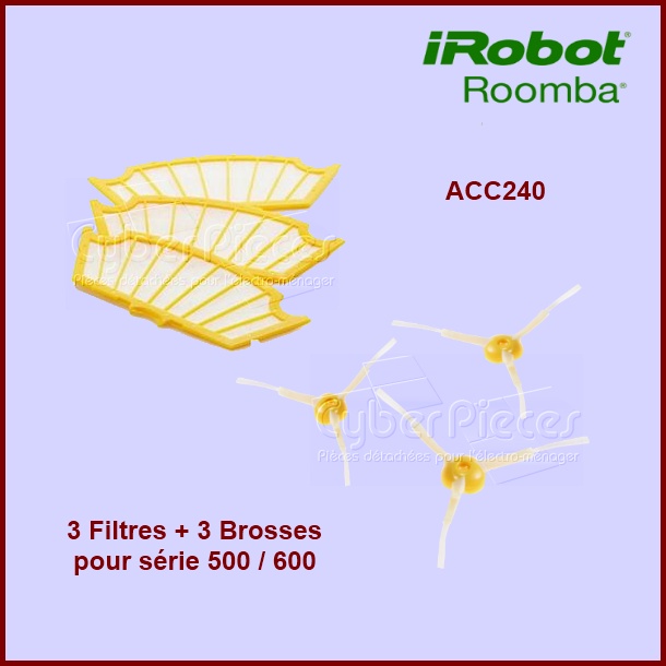 Pack 3 Filtres + 3 Brosses latérales pour Irobot ROOMBA ACC240