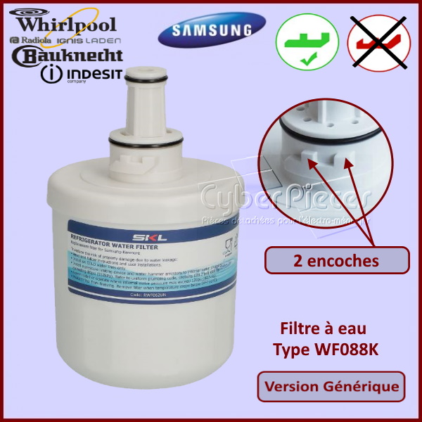 Filtre à eau 2 encoches Type WF088K pour réfrigérateur US