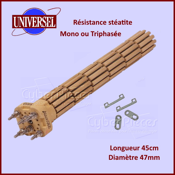 Résistance chauffe-eau stéatite 2400W - MONO/TRIPHASE - Diam 46mm