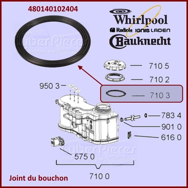 Joint de la bague du pot à sel Whirlpool 480140102404
