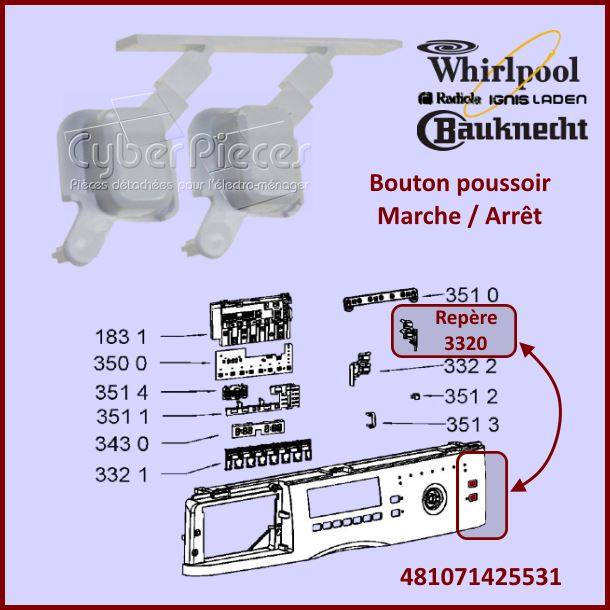 Bouton poussoir Whirlpool 481071425531