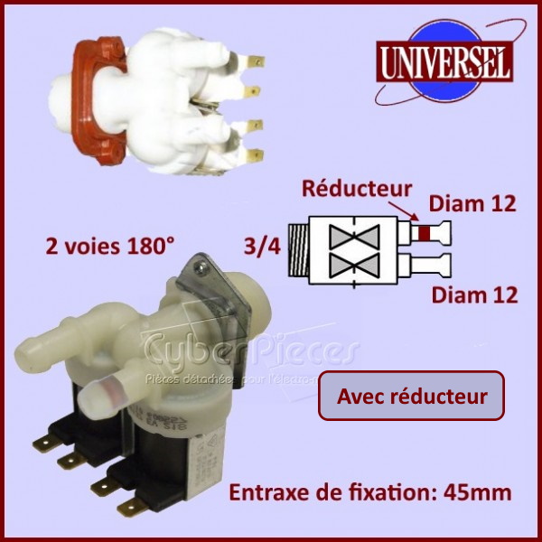 Electrovanne 2 voies 180° Ø12mm avec réducteur