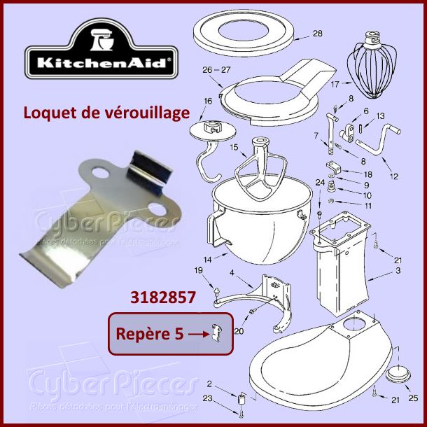 Languette de verrouillage du bol Kitchenaid 3182857 WP3182857