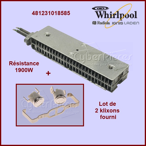 Résistance 1900w + 2 Klixons Whirlpool 481231018585