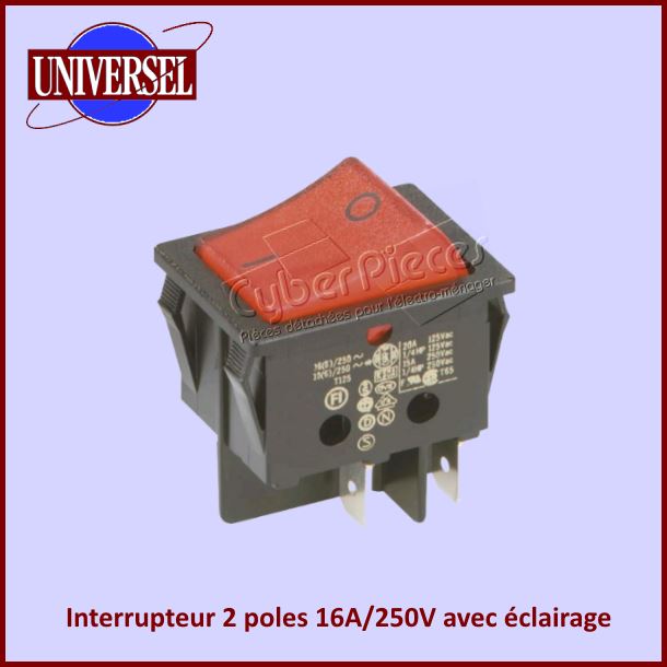 Interrupteur 2 poles 16A/250V avec eclairage rouge
