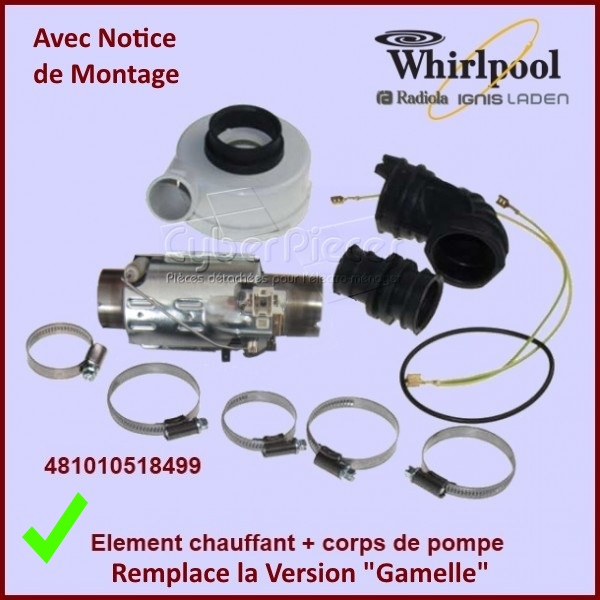 Élément chauffant 2040 w + corps de pompe Whirlpool 481010518499