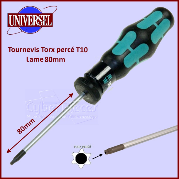 Tournevis Torx percé n°10 - lame 80mm APIEX -  Pièces machine à laver
