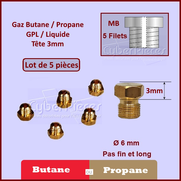 Injecteurs standard H3mm gaz butane Ø6mm avec pas fin et long