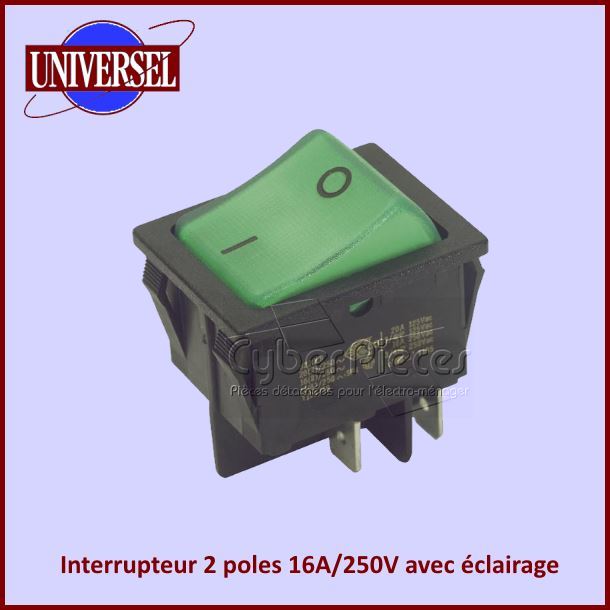 Interrupteur 2 poles 16A/250V avec eclairage vert